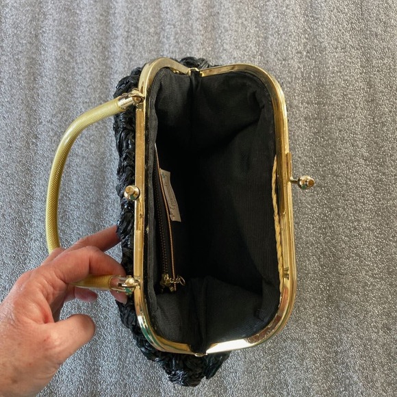 Vtg 60s Gaymode Woven Black Plastic Straw Purse Retro Hand Bag Footed Japan - Picture 6 of 8